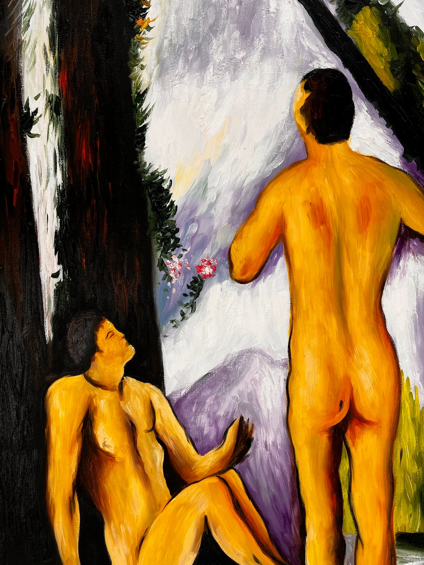 Les Grandes Baigneuses (5 Figuren) – Handgeschilderd Post-Impressionistisch Olieverfschilderij op Canvas (164 × 80 cm)