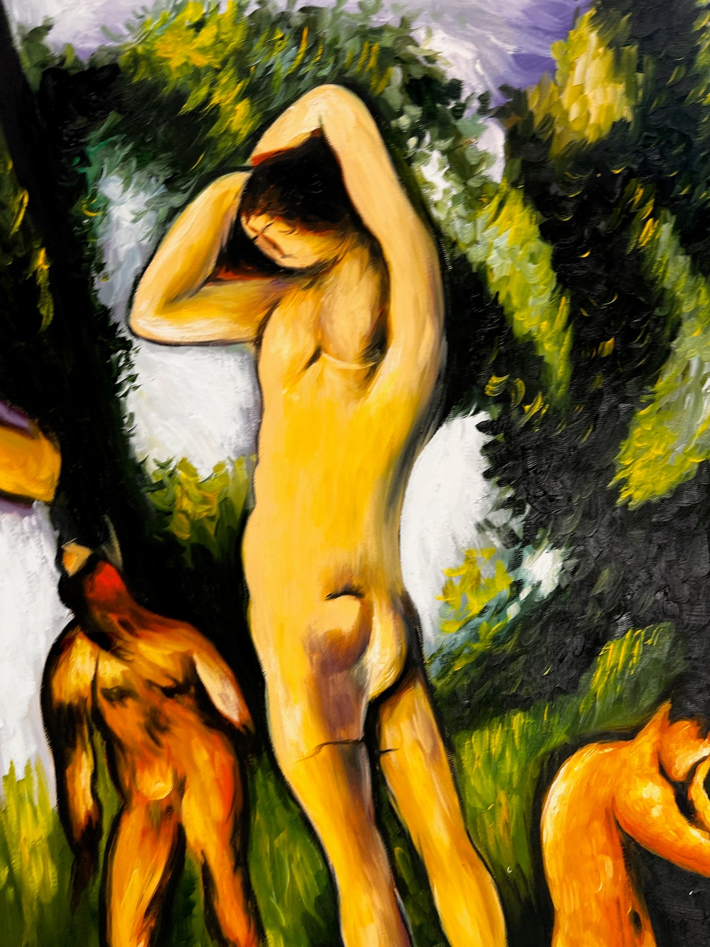 Les Grandes Baigneuses (5 Figuren) – Handgeschilderd Post-Impressionistisch Olieverfschilderij op Canvas (164 × 80 cm)