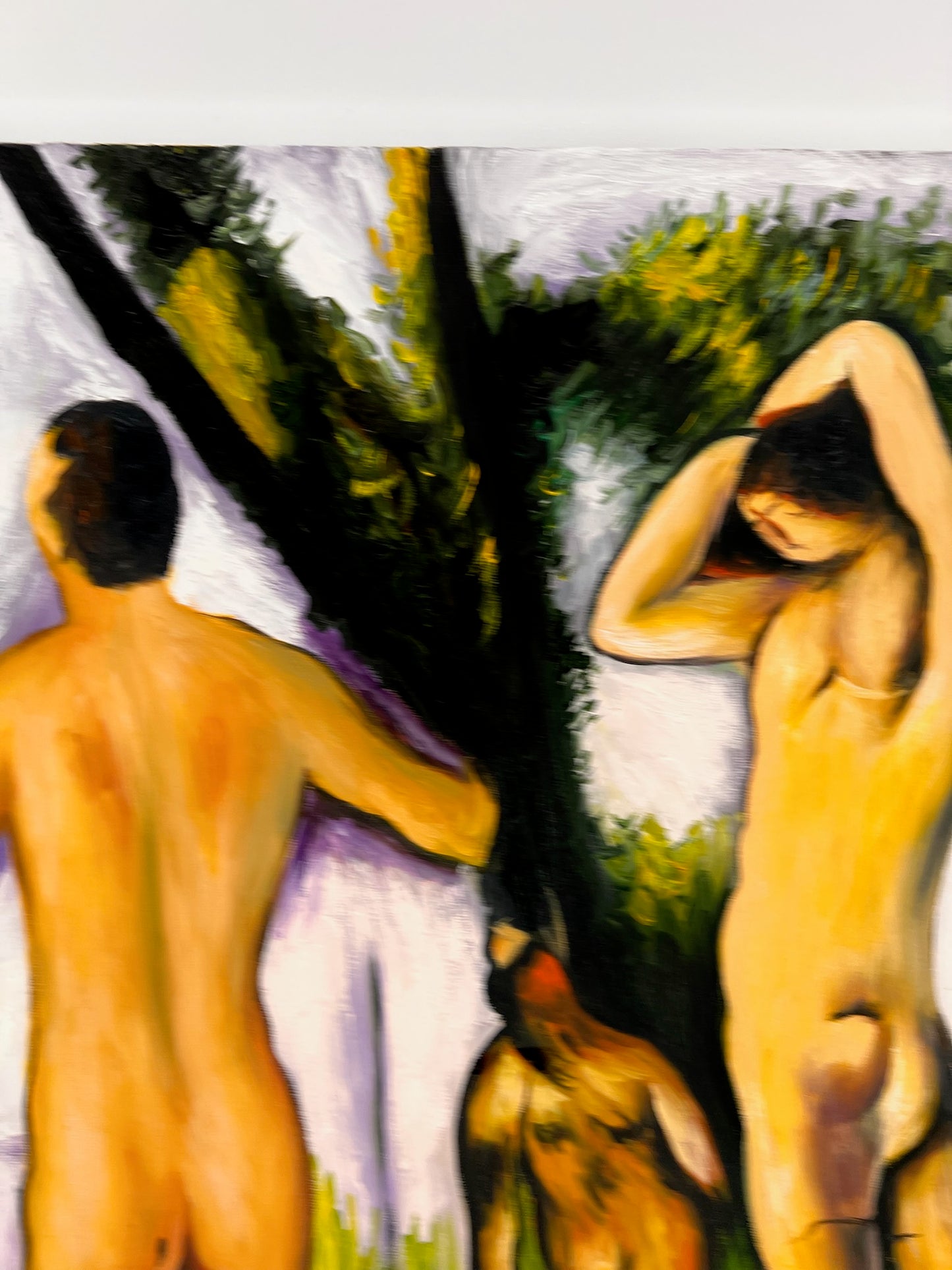 Les Grandes Baigneuses (5 Figuren) – Handgeschilderd Post-Impressionistisch Olieverfschilderij op Canvas (164 × 80 cm)
