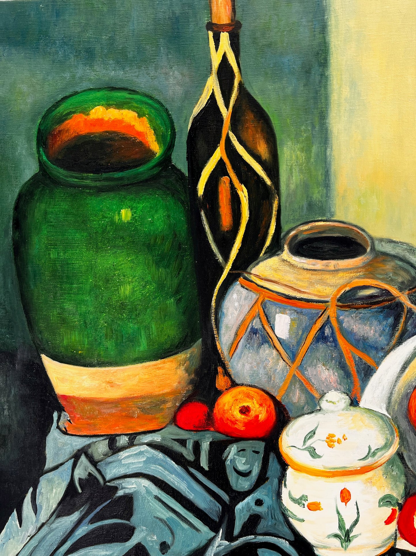 Still Life with Fruit and Green Bottle – Handgeschilderd Postimpressionistisch Olieverfschilderij op Canvas (64 × 80 cm)