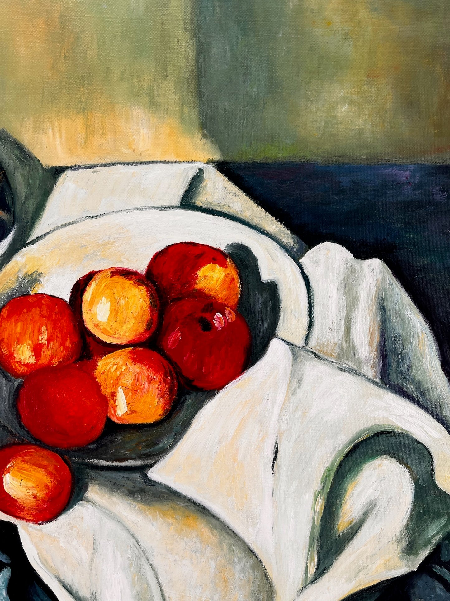 Still Life with Fruit and Green Bottle – Handgeschilderd Postimpressionistisch Olieverfschilderij op Canvas (64 × 80 cm)