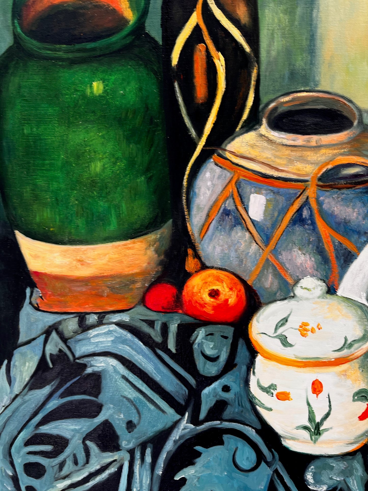 Still Life with Fruit and Green Bottle – Handgeschilderd Postimpressionistisch Olieverfschilderij op Canvas (64 × 80 cm)