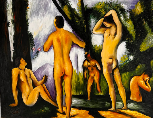 Les Grandes Baigneuses (5 Figuren) – Handgeschilderd Post-Impressionistisch Olieverfschilderij op Canvas (164 × 80 cm)