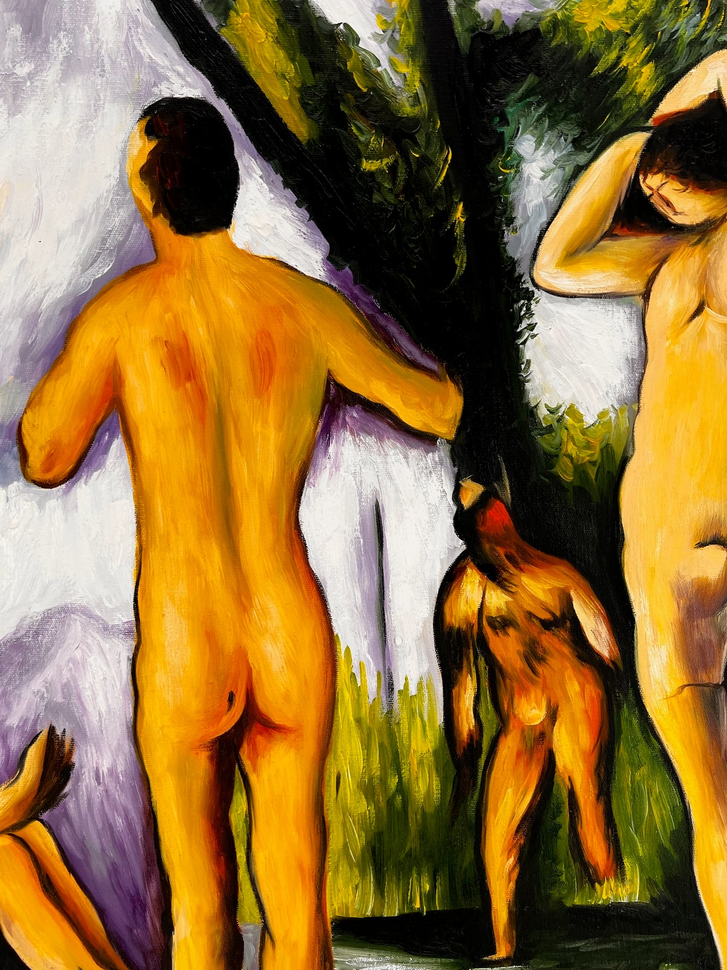 Les Grandes Baigneuses (5 Figuren) – Handgeschilderd Post-Impressionistisch Olieverfschilderij op Canvas (164 × 80 cm)
