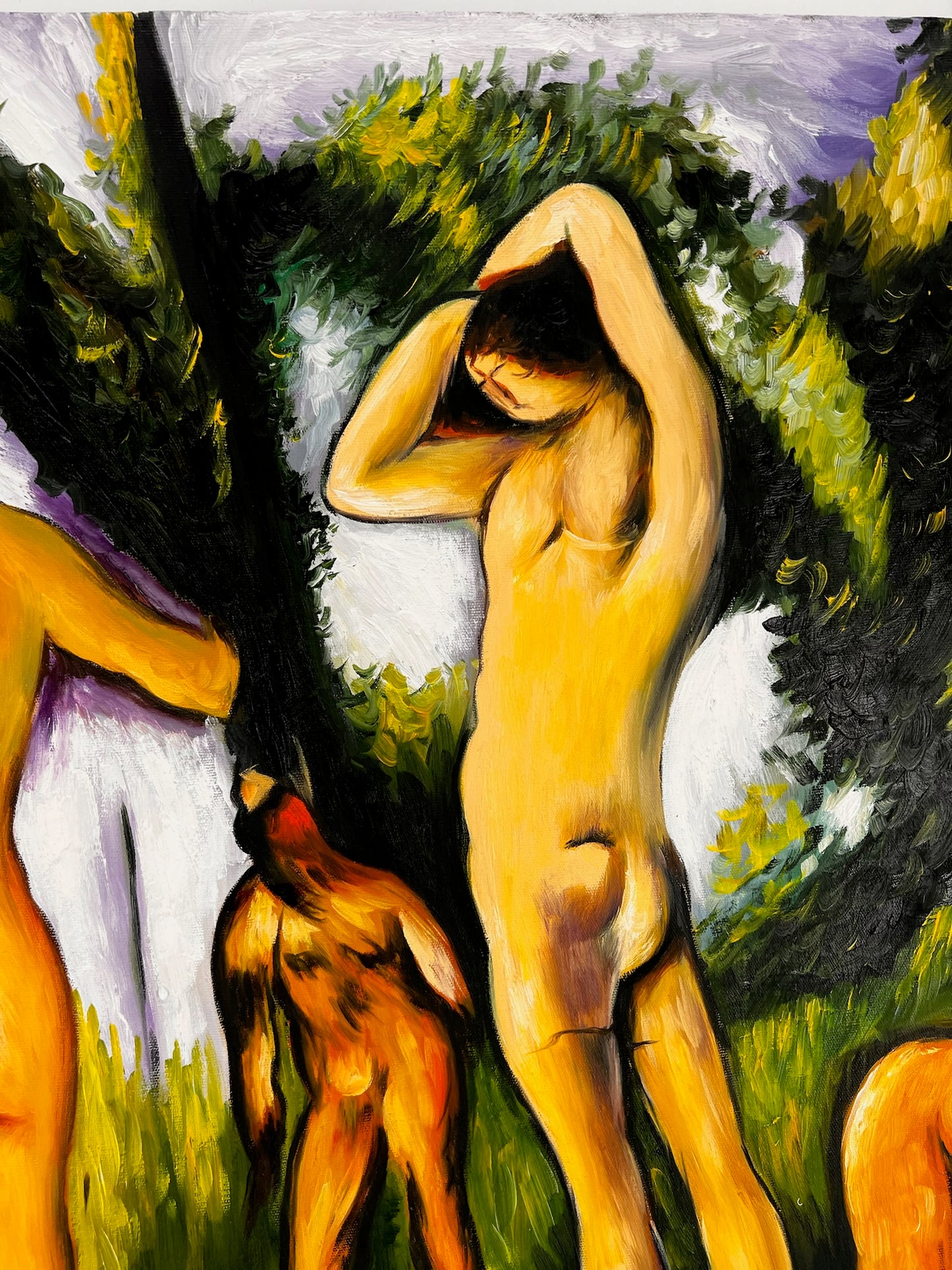 Les Grandes Baigneuses (5 Figuren) – Handgeschilderd Post-Impressionistisch Olieverfschilderij op Canvas (164 × 80 cm)
