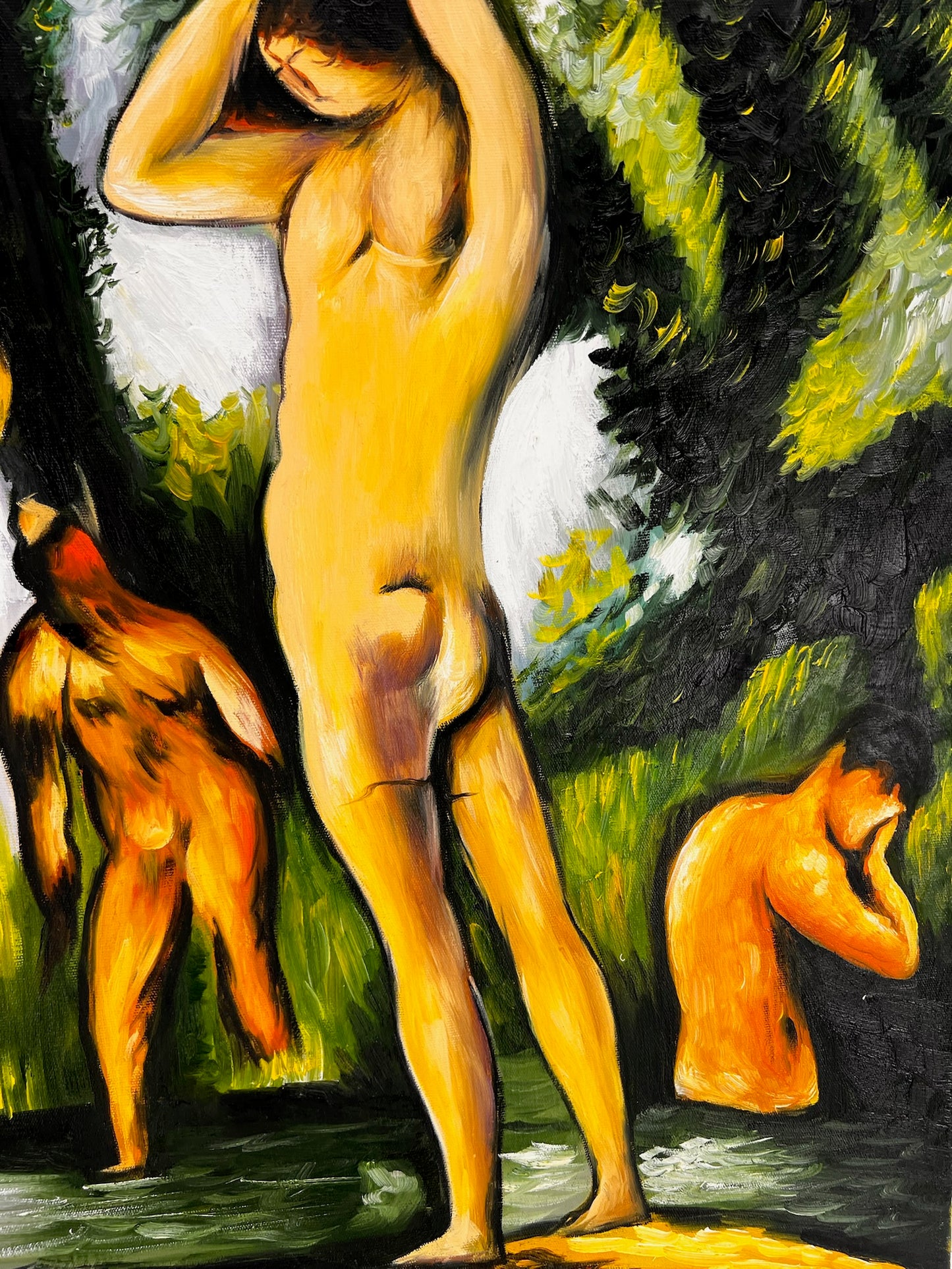 Les Grandes Baigneuses (5 Figuren) – Handgeschilderd Post-Impressionistisch Olieverfschilderij op Canvas (164 × 80 cm)