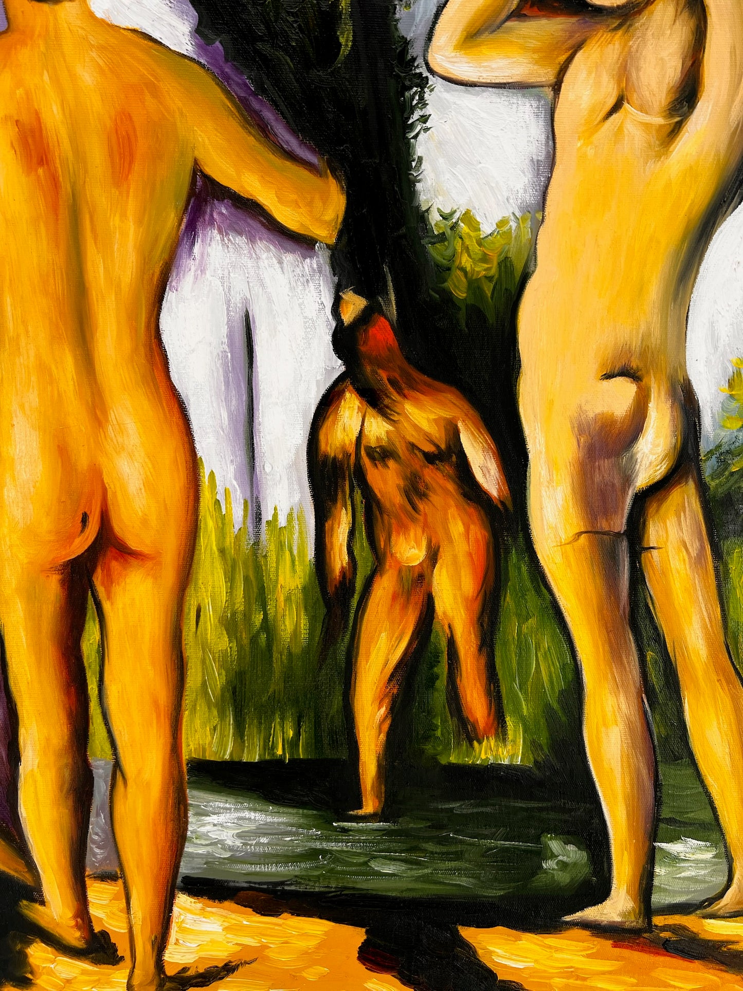 Les Grandes Baigneuses (5 Figuren) – Handgeschilderd Post-Impressionistisch Olieverfschilderij op Canvas (164 × 80 cm)