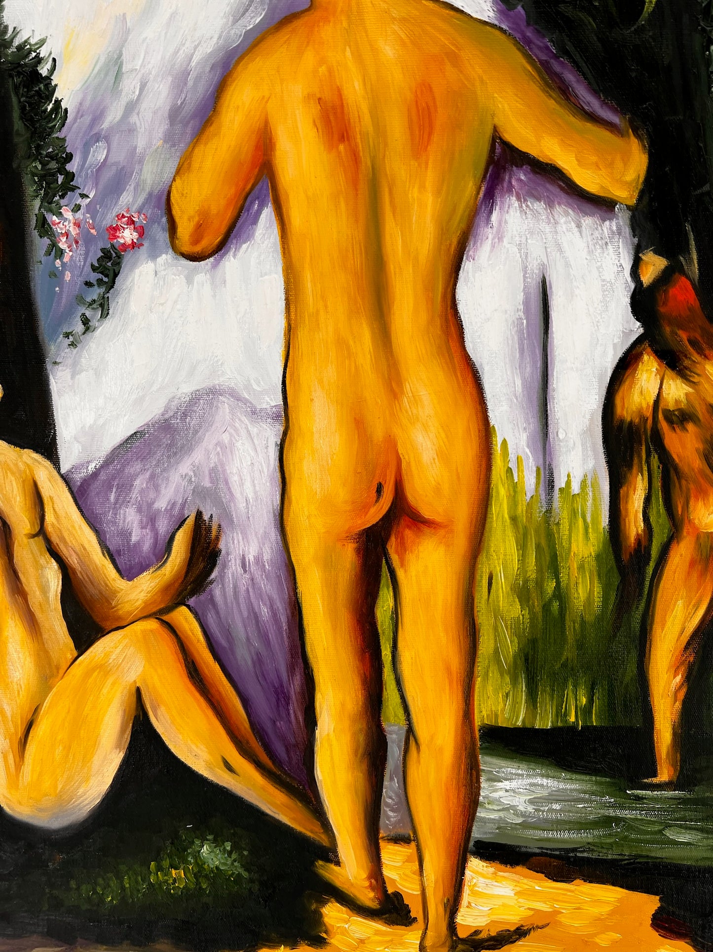 Les Grandes Baigneuses (5 Figuren) – Handgeschilderd Post-Impressionistisch Olieverfschilderij op Canvas (164 × 80 cm)
