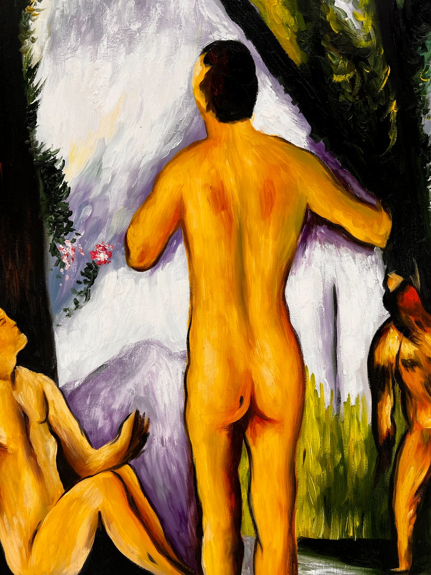 Les Grandes Baigneuses (5 Figuren) – Handgeschilderd Post-Impressionistisch Olieverfschilderij op Canvas (164 × 80 cm)