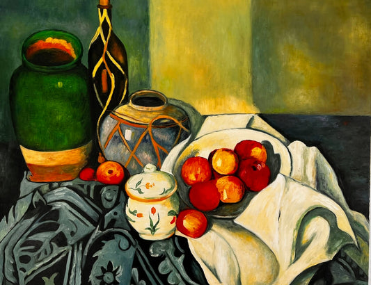 Still Life with Fruit and Green Bottle – Handgeschilderd Postimpressionistisch Olieverfschilderij op Canvas (64 × 80 cm)