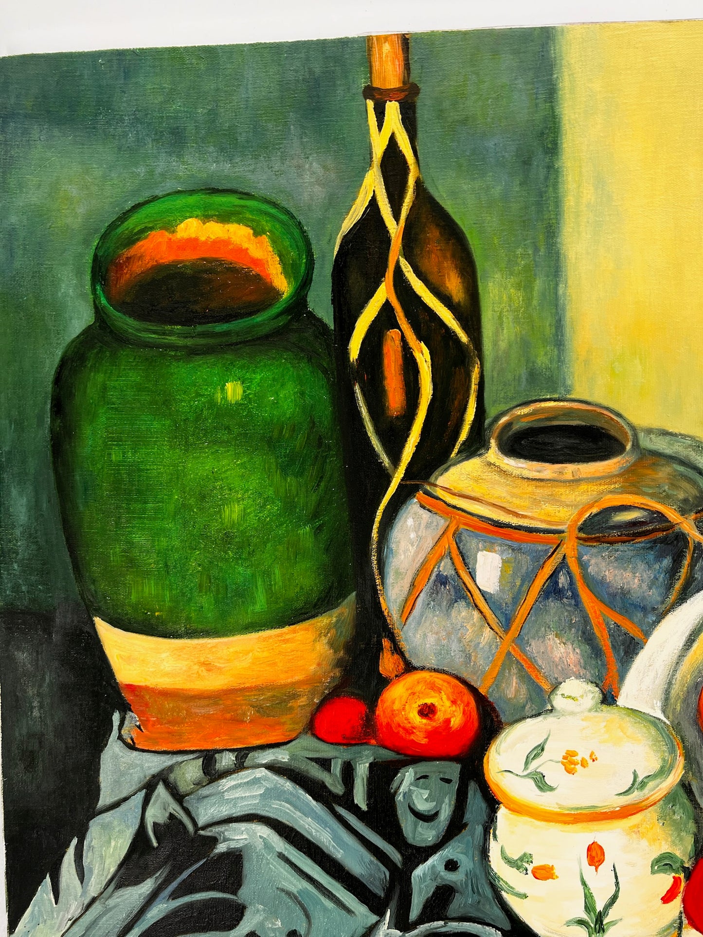 Still Life with Fruit and Green Bottle – Handgeschilderd Postimpressionistisch Olieverfschilderij op Canvas (64 × 80 cm)