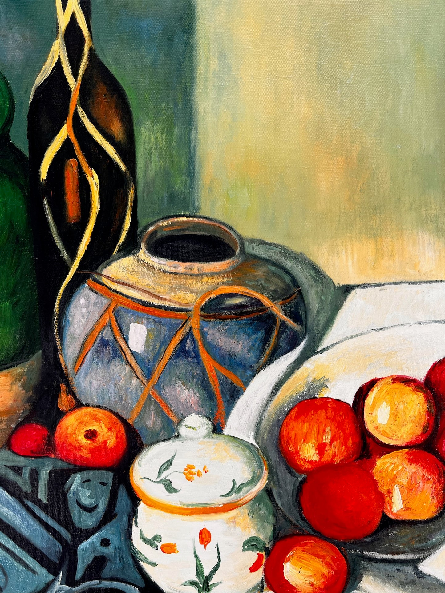 Still Life with Fruit and Green Bottle – Handgeschilderd Postimpressionistisch Olieverfschilderij op Canvas (64 × 80 cm)