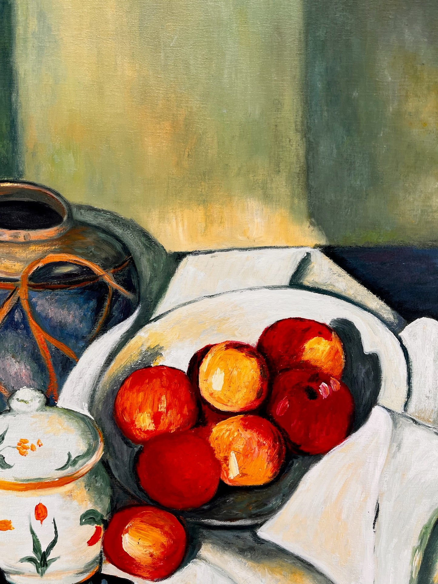 Still Life with Fruit and Green Bottle – Handgeschilderd Postimpressionistisch Olieverfschilderij op Canvas (64 × 80 cm)
