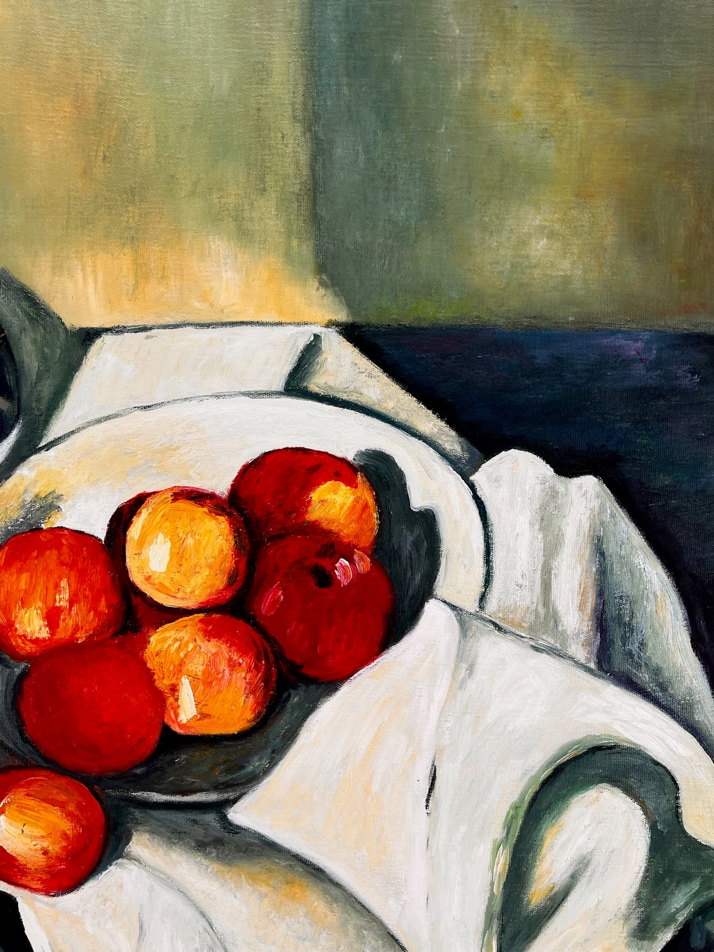 Still Life with Fruit and Green Bottle – Handgeschilderd Postimpressionistisch Olieverfschilderij op Canvas (64 × 80 cm)