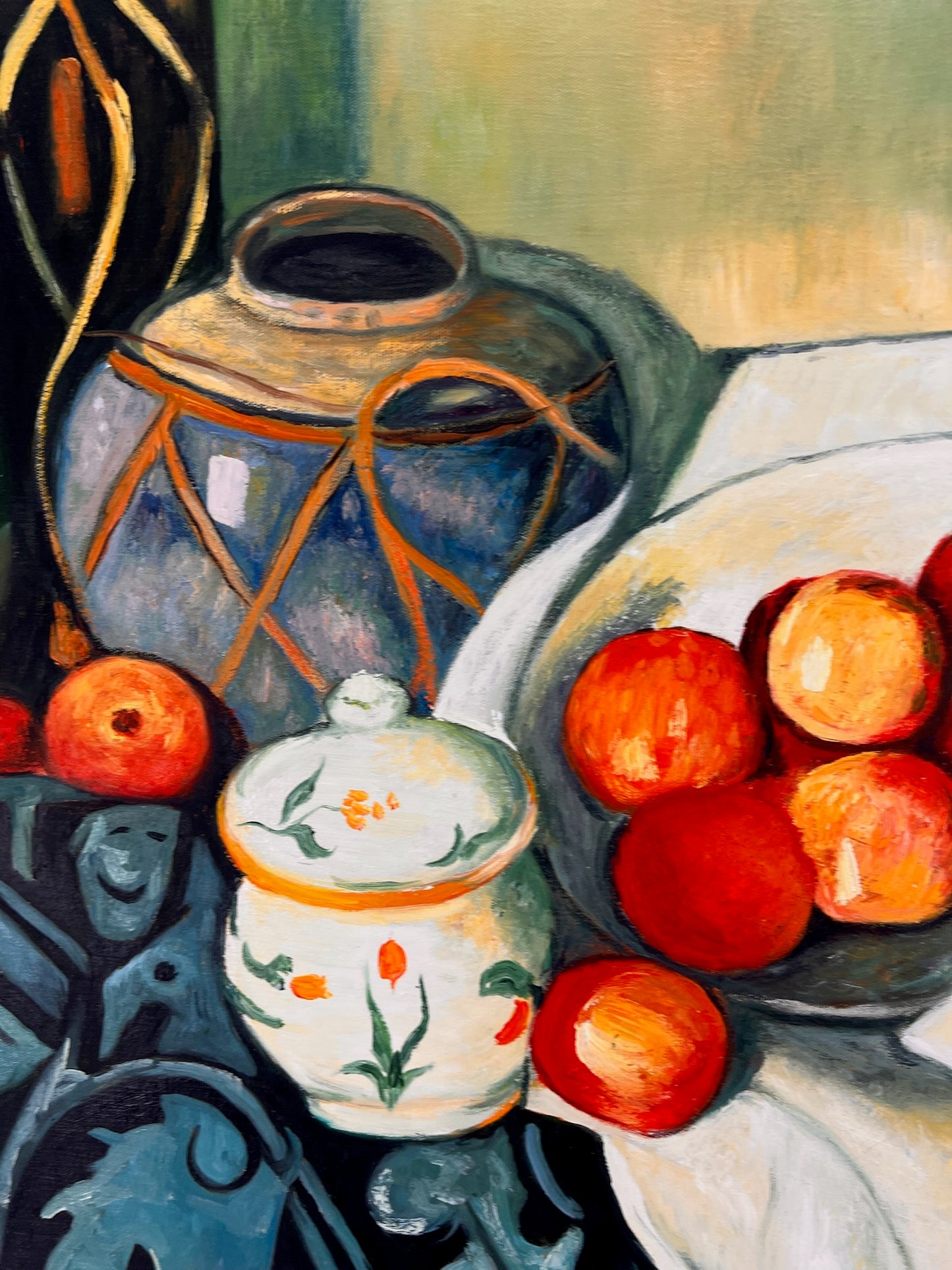 Still Life with Fruit and Green Bottle – Handgeschilderd Postimpressionistisch Olieverfschilderij op Canvas (64 × 80 cm)