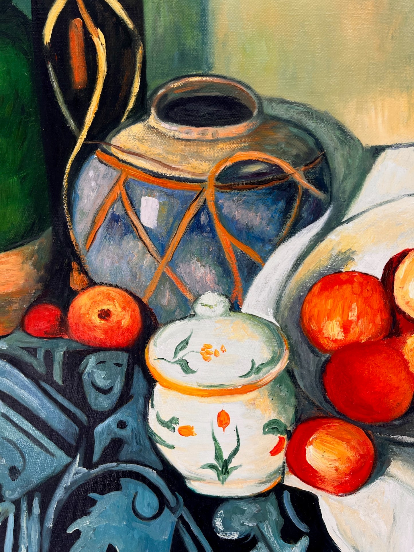 Still Life with Fruit and Green Bottle – Handgeschilderd Postimpressionistisch Olieverfschilderij op Canvas (64 × 80 cm)