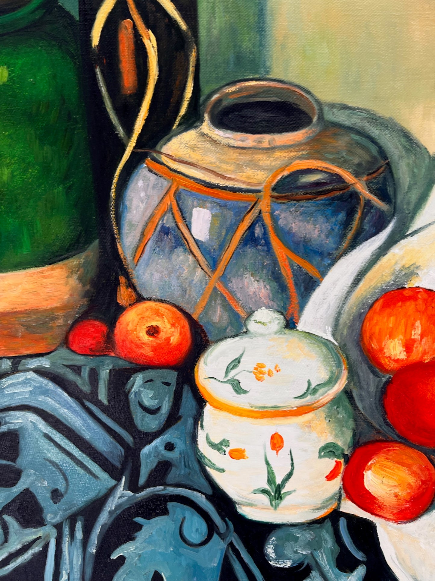 Still Life with Fruit and Green Bottle – Handgeschilderd Postimpressionistisch Olieverfschilderij op Canvas (64 × 80 cm)
