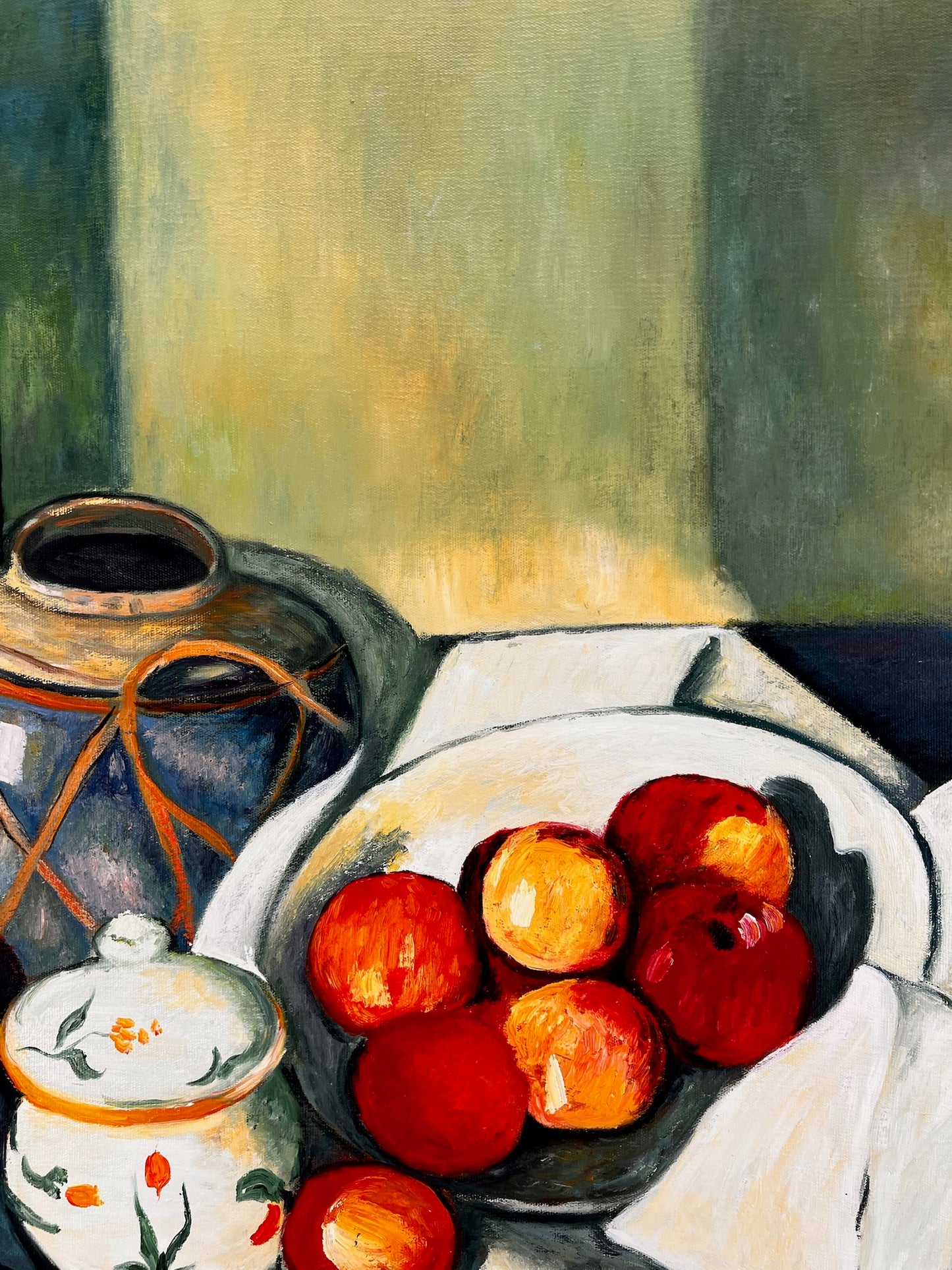 Still Life with Fruit and Green Bottle – Handgeschilderd Postimpressionistisch Olieverfschilderij op Canvas (64 × 80 cm)