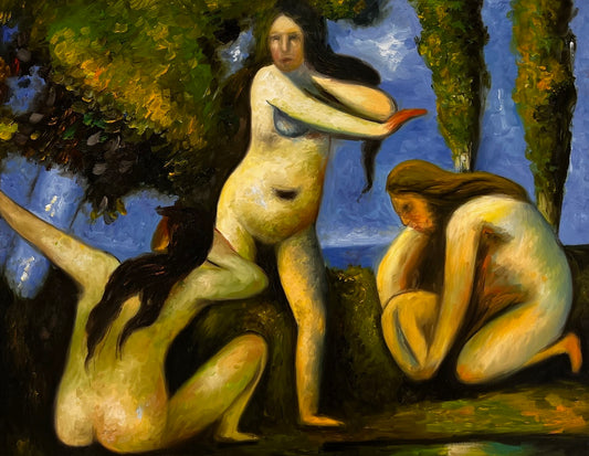 Baigneuses (naar Paul Cézanne) – Handgeschilderd Postimpressionistisch Olieverf op Canvas (64 × 80 cm)